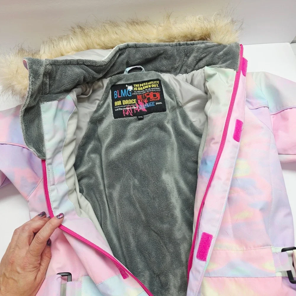 Blue Magic BLMG Snow Suit Kids 125 (7) Pastel Tie Dye Faux Fur Hood Ski OnePiece